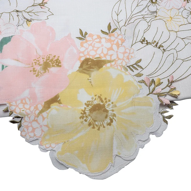 Custom 100% Polyester Fabric Printed And Embroidered Watercolor Flower Table Runner