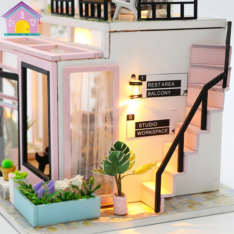 Hongda M903 Houguang studio Wooden Miniature Dollhouse Kit Mini Wooden Doll Houses For Girls With Light