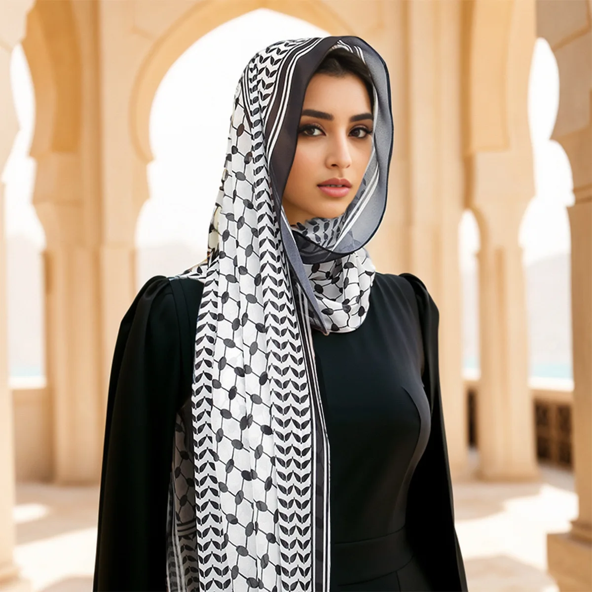 Zifeng OEM Fashion Black And White Printed Pearl Chiffon Scarf Travel Photo Shawl Bag Turban Sun Protection Silk Scarf For Women