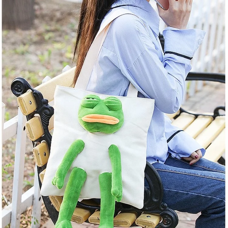 Canvas Green frog tote shoulder bag cute plush green frog student handbag natural canvas tote bags canvas zipper frog bag