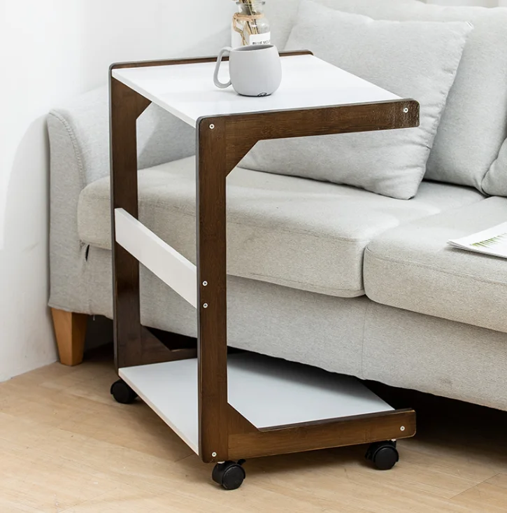 Nordic White MDF Minimalist Furniture Luxury Wooden Bedroom Tray Snack Coffee Side Corner Table On Rolling Wheels