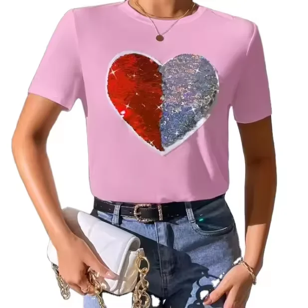 Custom high quality round neck t shirt wholesale factory price cotton spandex sparkly reversible sequin heart t shirt for women