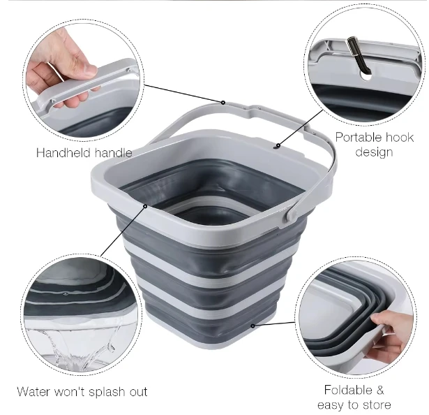 Portable Save Space 10L Silicone Plastic Square Folding Bucket Home Cleaning 20 Litre Cleaning Collapsible Bucket