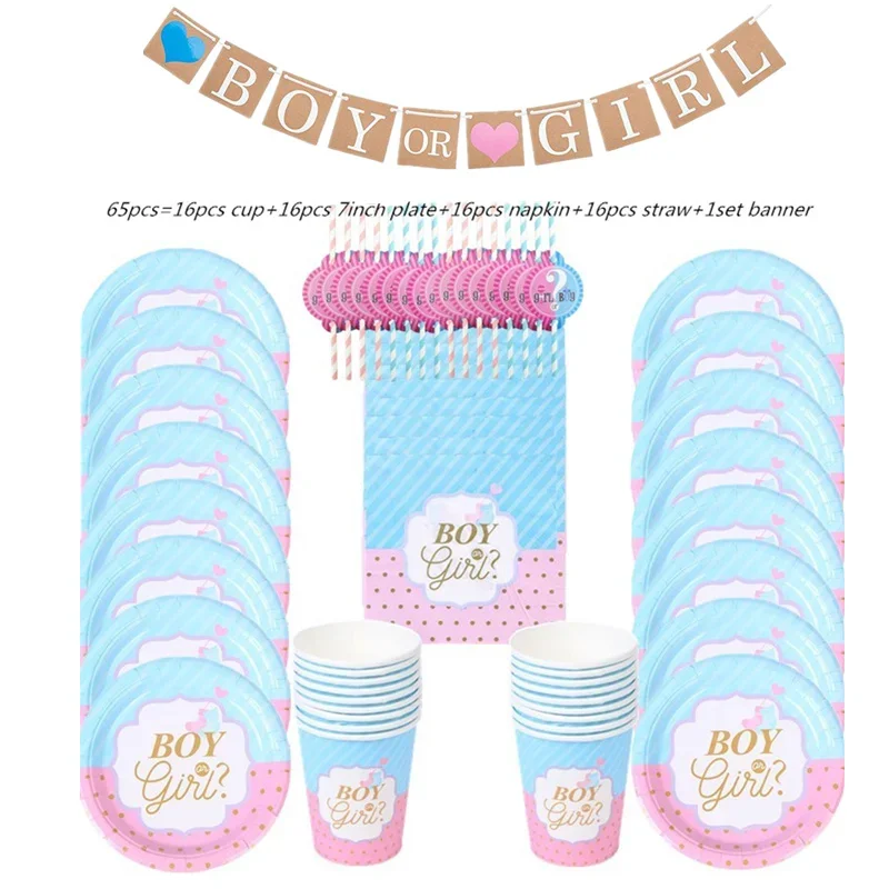 Gender Reveal Disposable Tableware Set Boy Or Girl Paper Plates Sets Napkin Gender Reveal Baby Shower Party Decorations Supplies