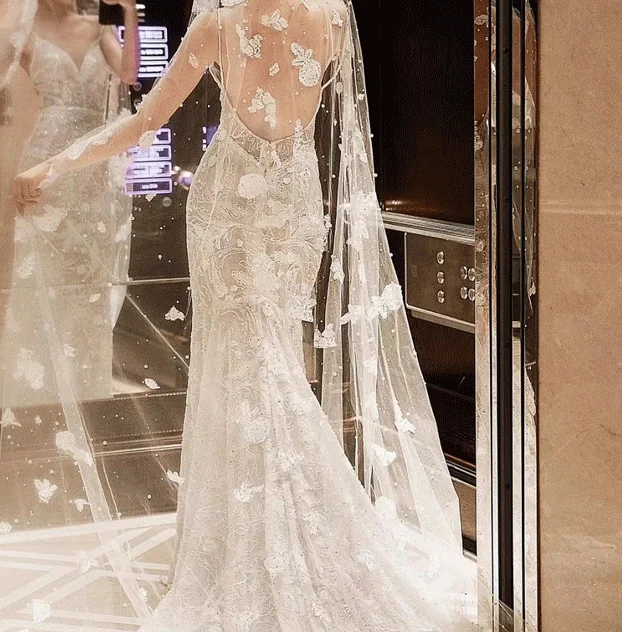 Veil bride main wedding dress Pearl headdress Vintage flower Champagne color long tail wedding