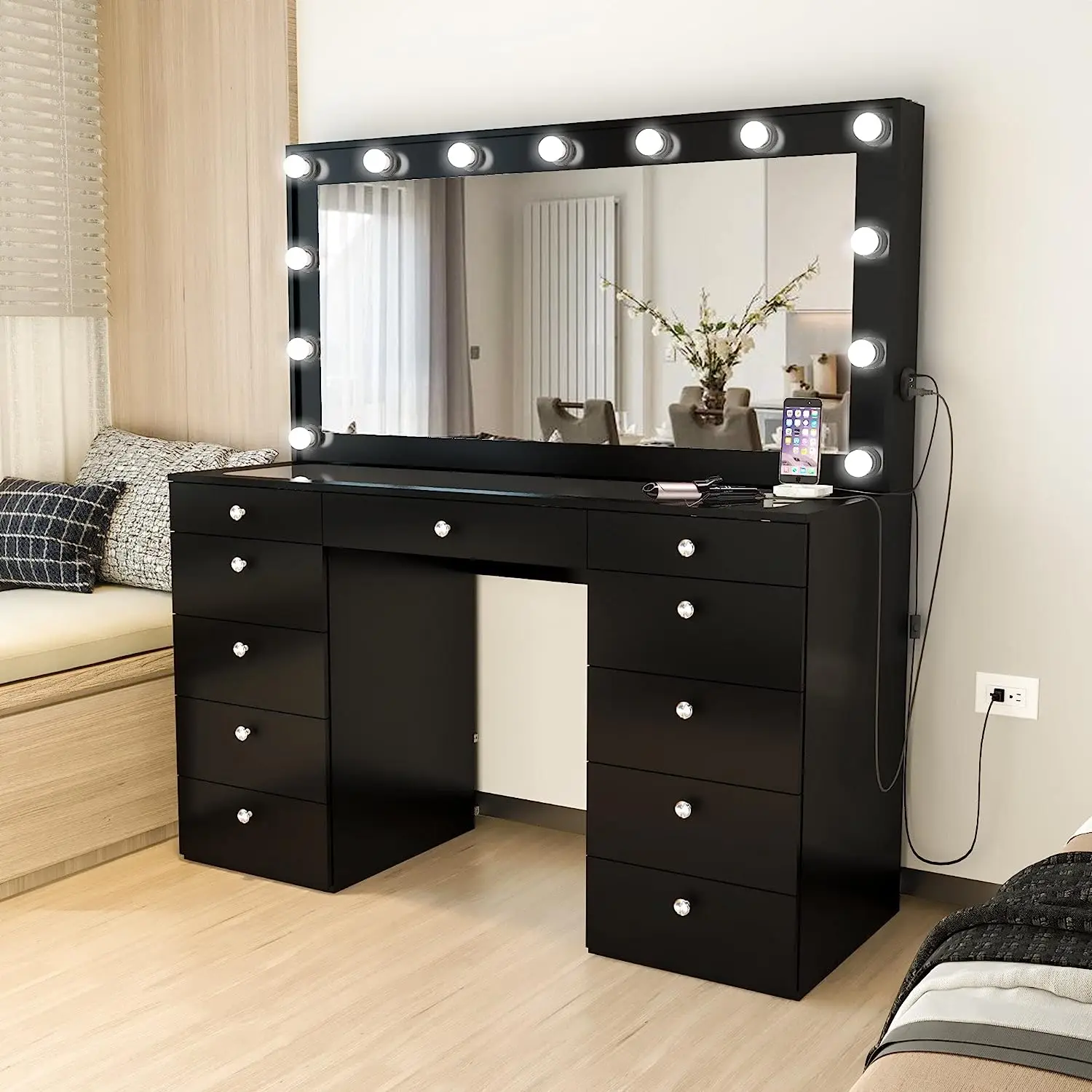 Bedroom Furniture Black 11 Drawers Vanity Maquillaje Dressing Table With USB Port Mirror And Built-In Lights