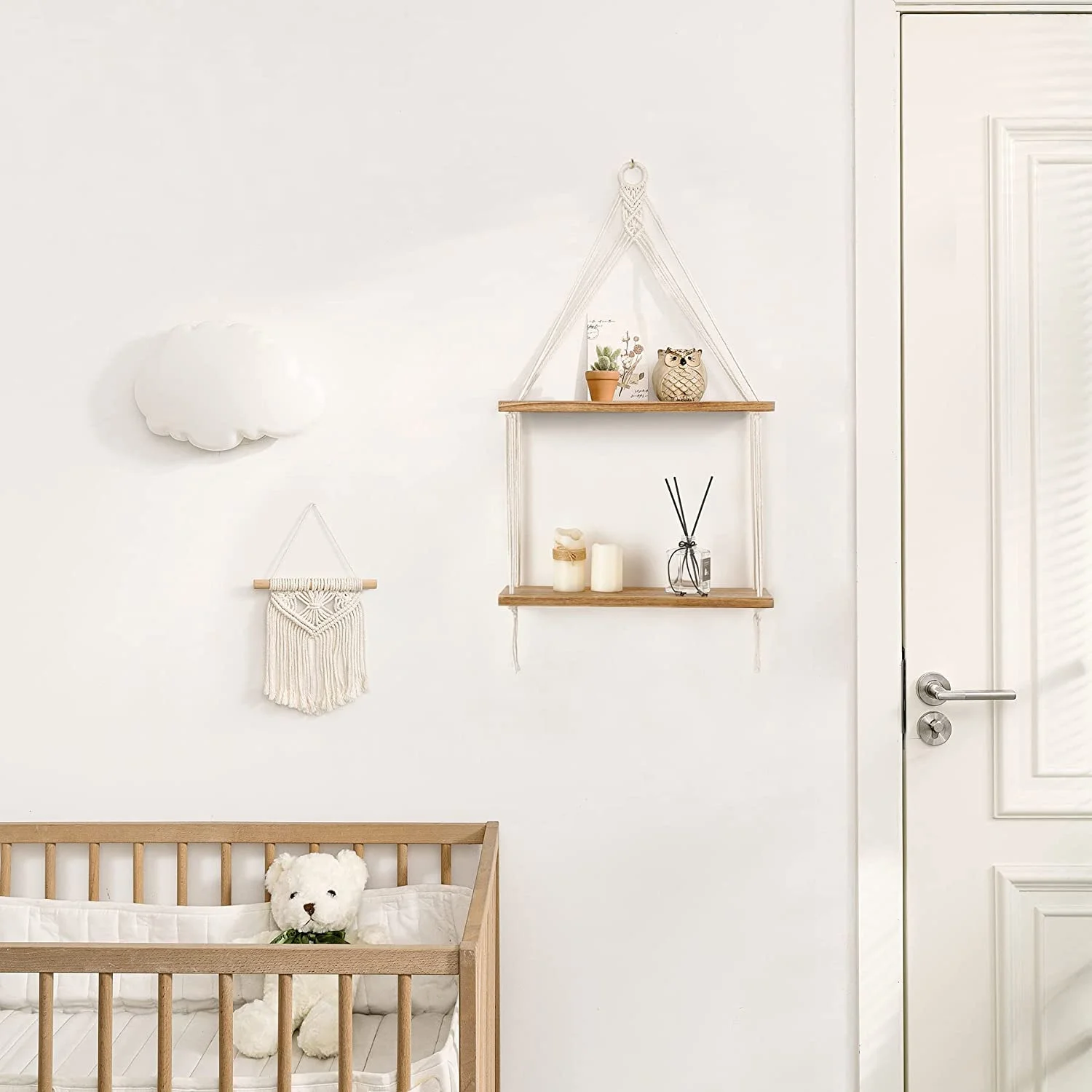 Antique Wood Floating Wall Rack Boho Style 2-Layered Braided Rope Modern Home Decor Model Shelf Pattern Love Theme Box Included