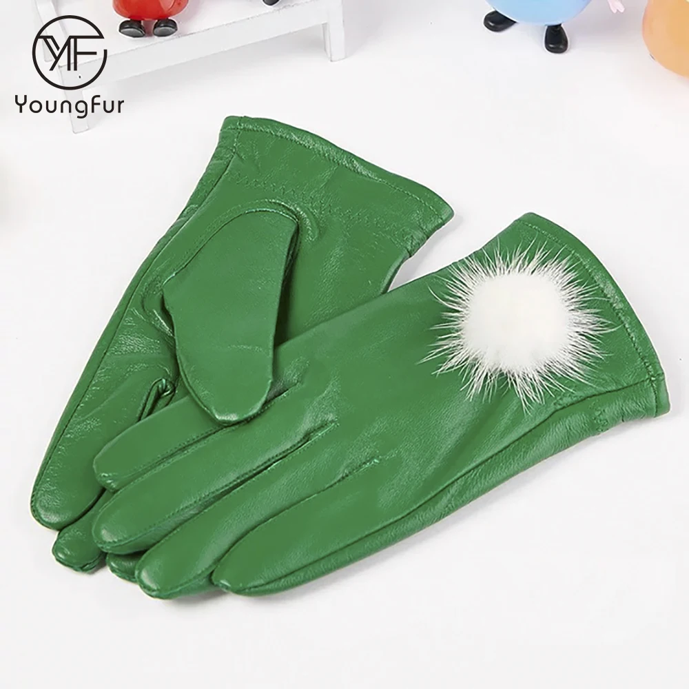 Girls Custom Made Luxury Real Mink Fur Ball Genuine Leather Gloves for Winter