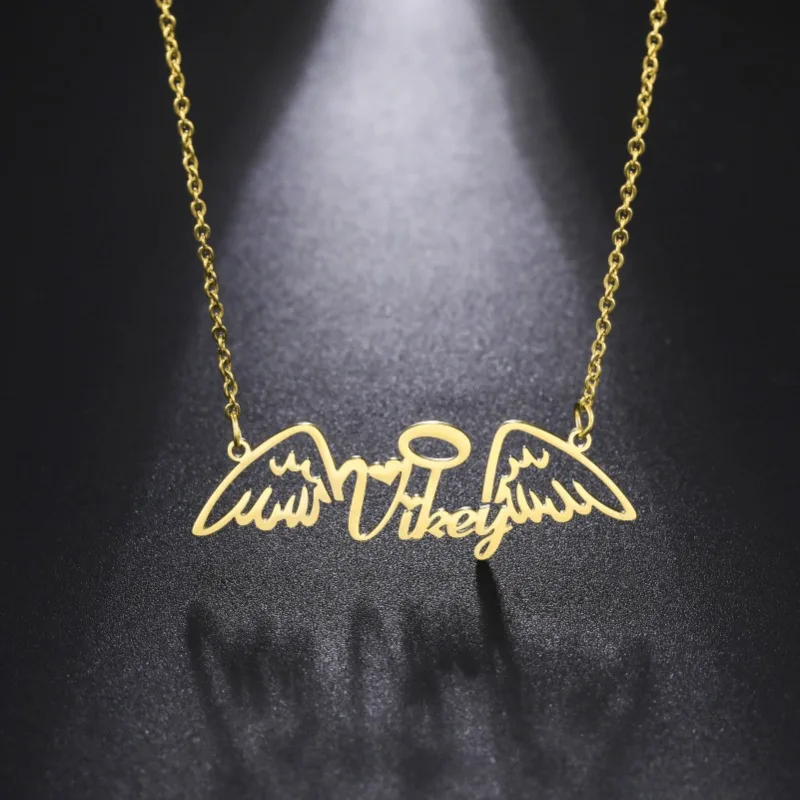 Custom Name Stainless Steel Necklace for Women Angel Wings Vikey Pendant 304 18k Gold Plated Customized Necklace