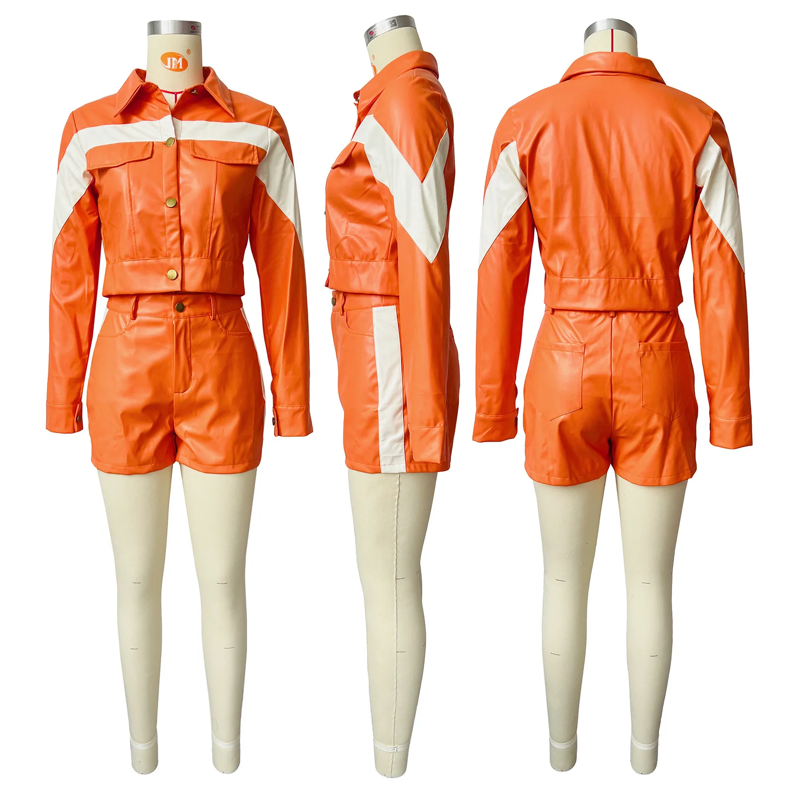 ZHEZHE Autumn Winter Clothing Boutique Leather Outfit Skinny Street Wear Pu Leather Cropped Jacket and Shorts Women 2 Piece Set