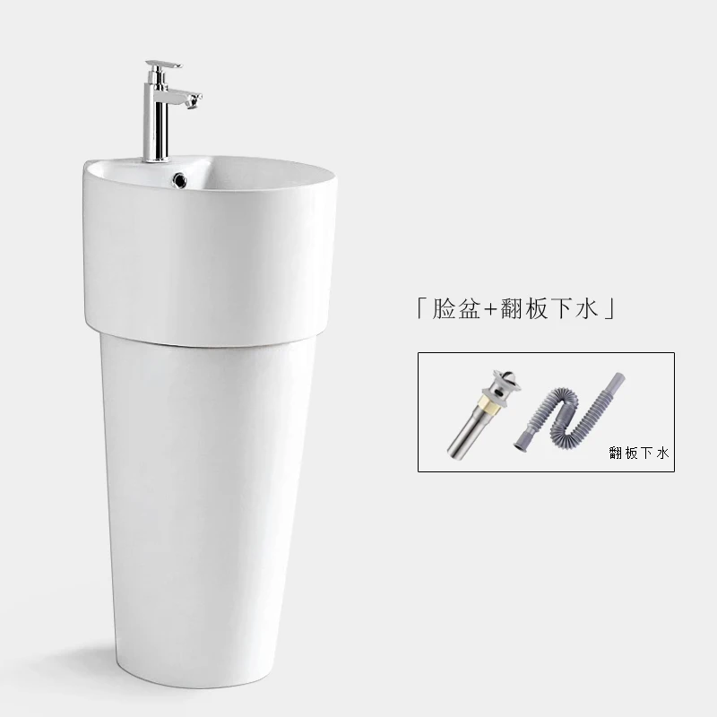 Minimalist ceramic column basin, small unit bathroom, vertical washbasin, floor standing integrated sink, balcony, circular