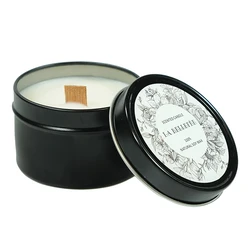 Wholesale Custom Private Label Black Tin 70g Soy Wax Wood Wick Scented Candle