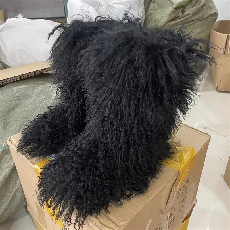 Luxury Fashion Winter Mongolian fur Shoes Woman men Home Ankle Snow Boots fluffy mongolian fur snow boots for women