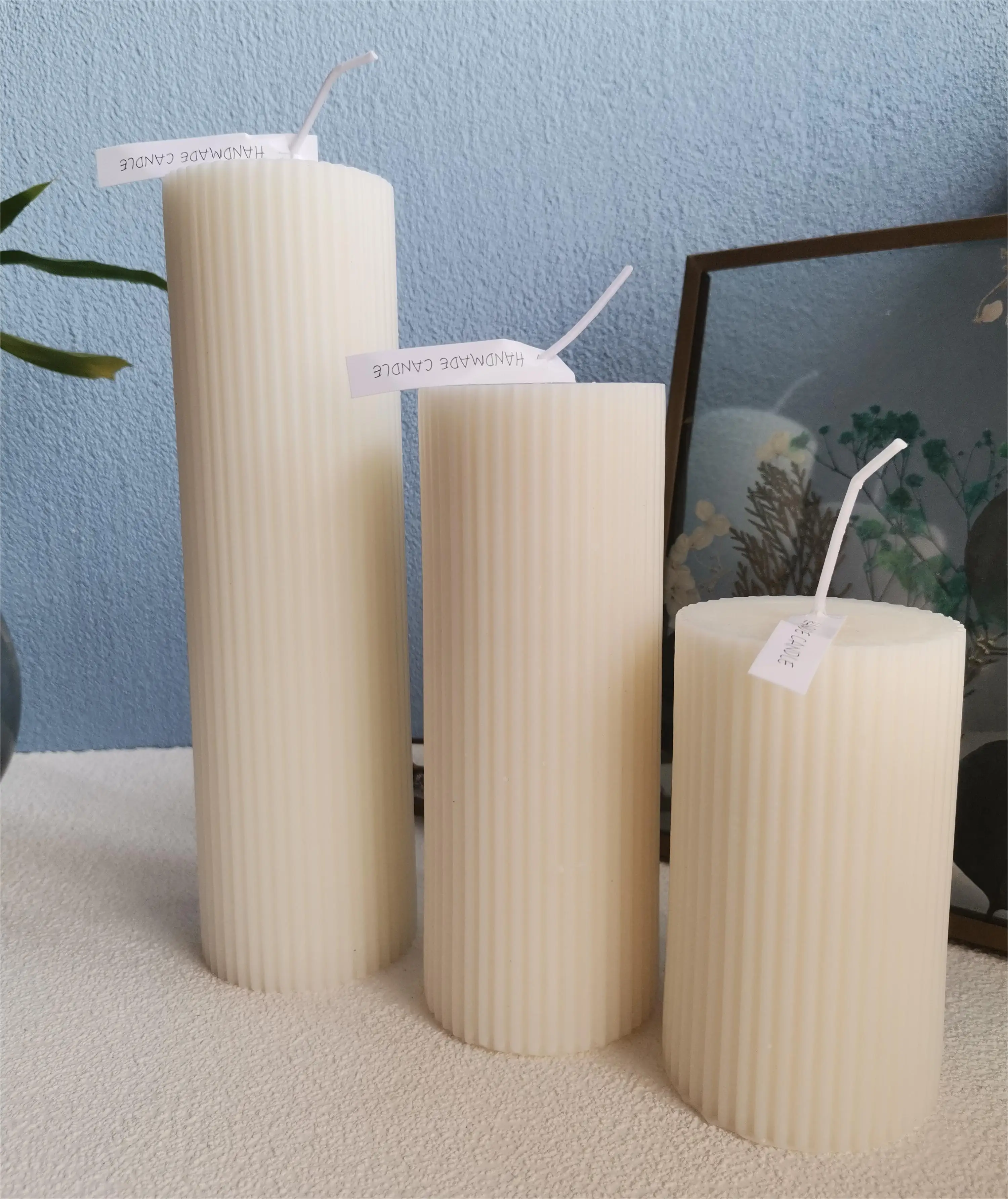 Wholesale Export Private Label Ivory White Vertical Stripe Pillar Candles for Banquet Wedding Home Decoration