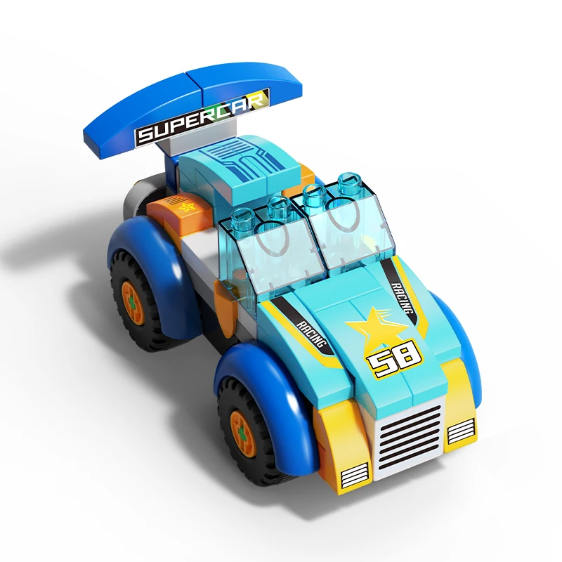 FEELO2024 New 64pcs Racing Car DIY Building Blocks Factory Direct Eco-friendly ABS Plastic Assemble Toys Set Kids