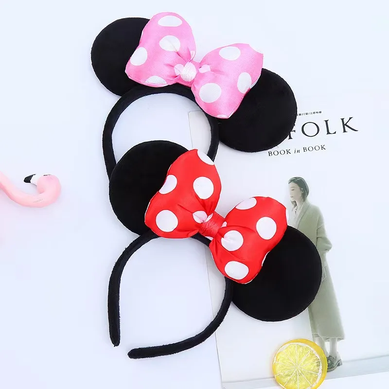 3D Black Mouse Velvet Ears Headband  Satin Bow Hair Clasp Women Adults Costume Supply Holiday Park Headwear