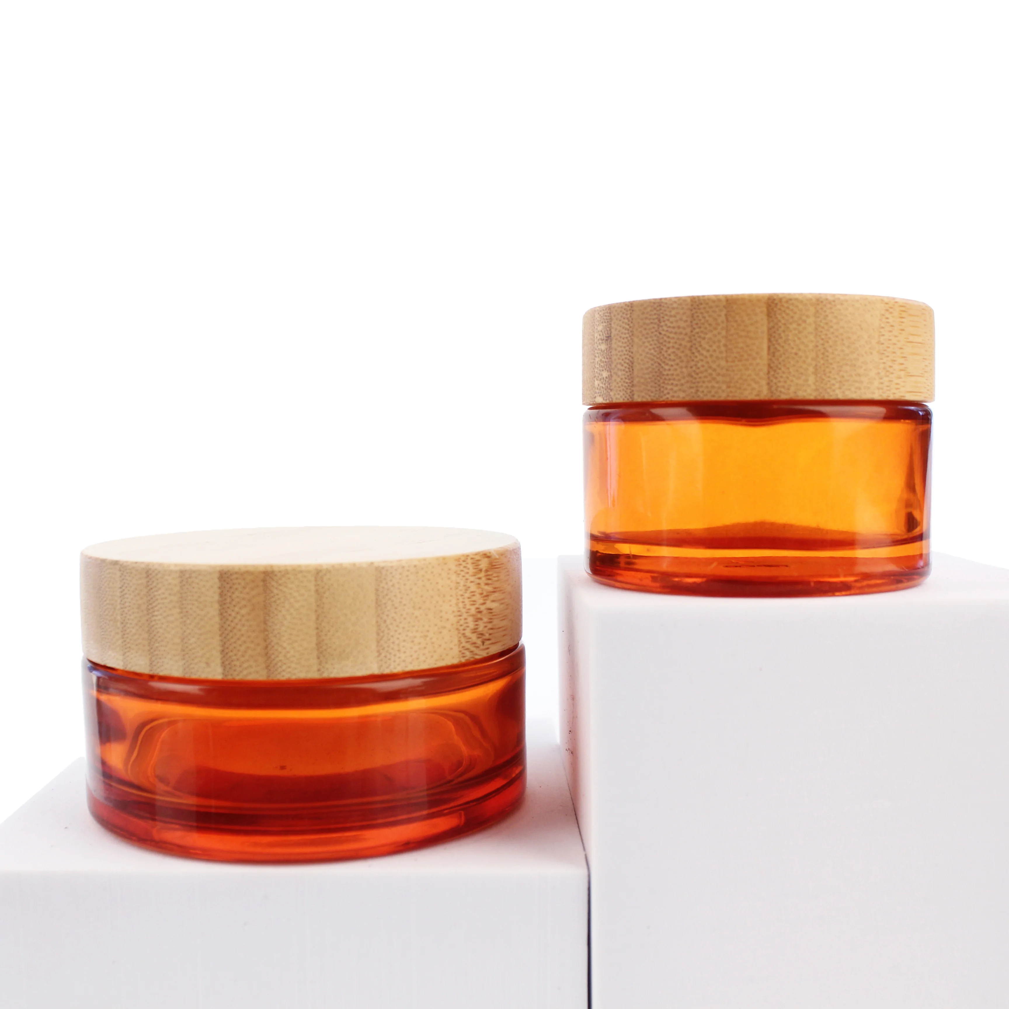 Hot Sale Luxury 5g 15g 30g 50g 100g 2oz 4oz Bamboo Cosmetic Packaging Amber Orange Cream Glass Jars with Bamboo Lid BJ12C