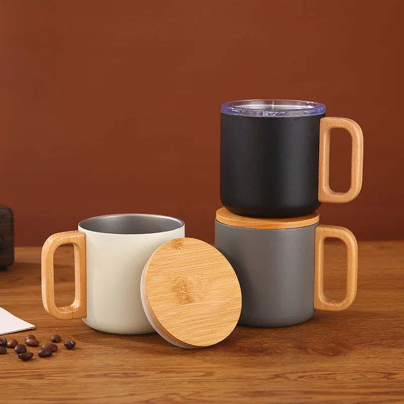Custom Logo Stainless Steel Double Wall Coffee Mug with Bamboo Handle and Lid Powder Coated Tea Cup BPA Free Drinking Tumbler