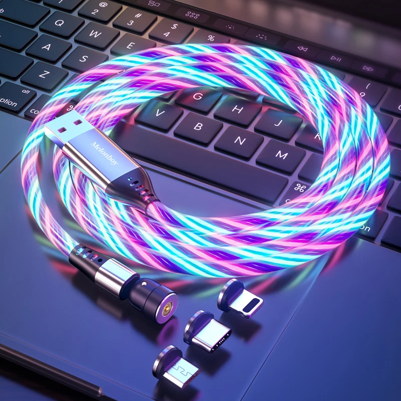 Phone accessories 540 rotating LED Flowing Light Magnetic Charging Cable Cellphone Luminous USB Cable Charger for phones