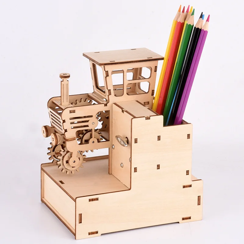 Wooden Early Education Educational Handmade Toys 3D Stereo Mechanical Assembly  Music Box Wooden Model Pen Holder
