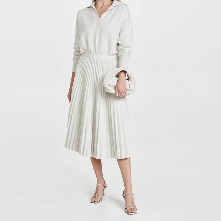 Factory wholesale ladies high waist solid skirts custom faux leather pleated detail midi women skirts casual