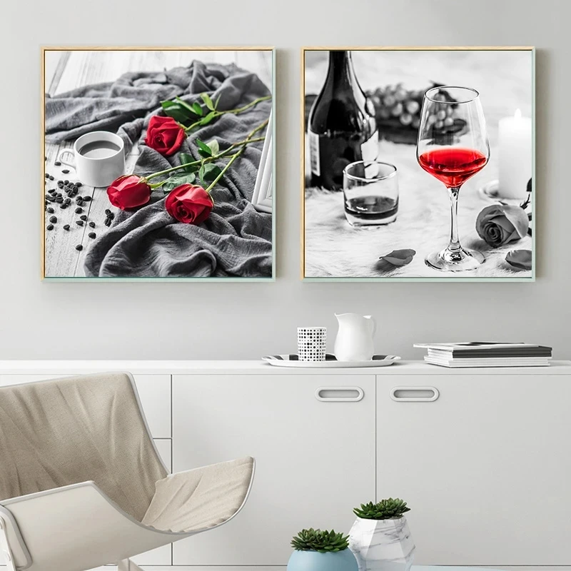 Red Wine Cup Rose Picture Home Decor  Nordic Canvas Painting Minimalist Poster flower wall art prints