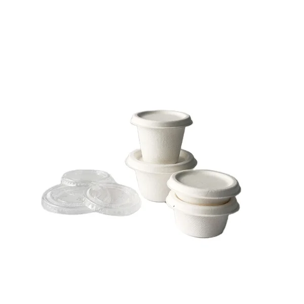 Disposable Biodegradable Sugarcane Bagasse cups with bagasse/PLA/PET lid 1oz sauce cup