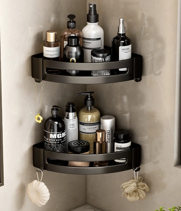 2 Tier Wall Mounted Shower Caddy Bathroom Organizer Aluminum Rack Toilet Black Corner Storage Bathroom Shelves with Sticker