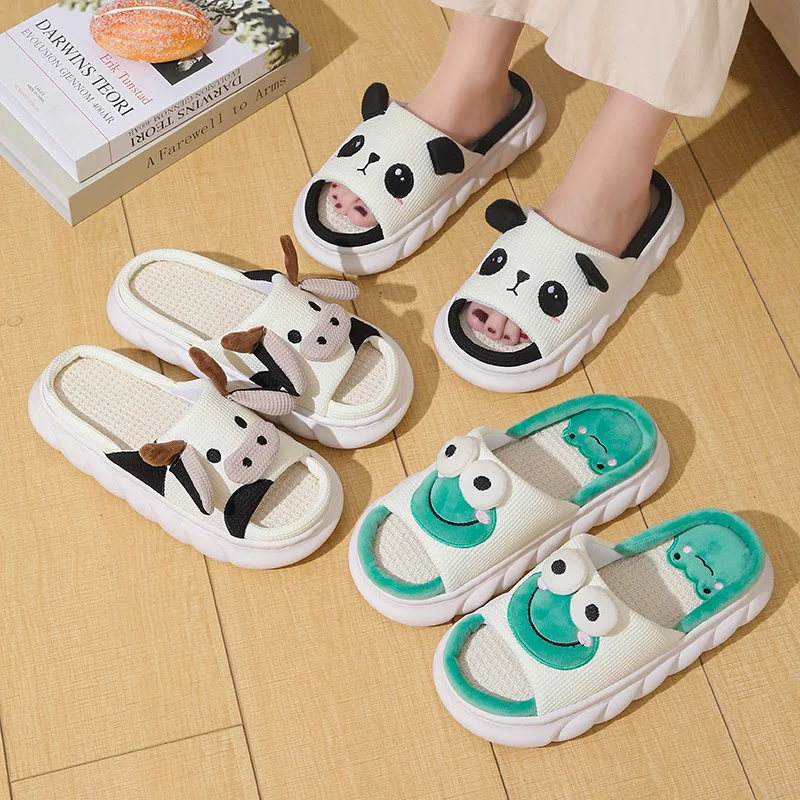 Cow panda linen open slippers home indoor cute floor comfortable platform men and women animal cloth