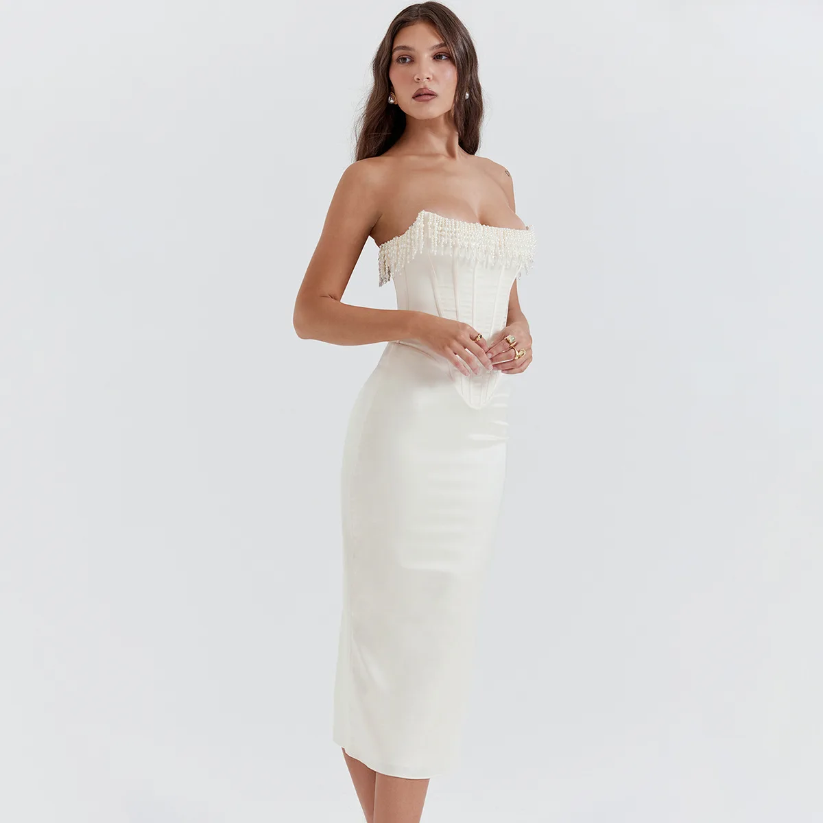 Super Quality Pearl Tassel Sexy Midi Dress Women Fashion Party Outfits Off-shoulder Strapless Backless Bodycon Sexy Dress 2886