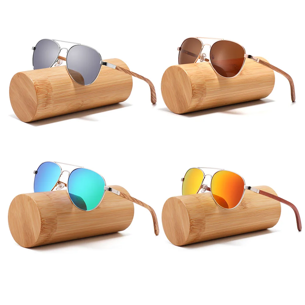Handmade metal frame bamboo wood temple sunglasses custom logo pilot men sun glasses