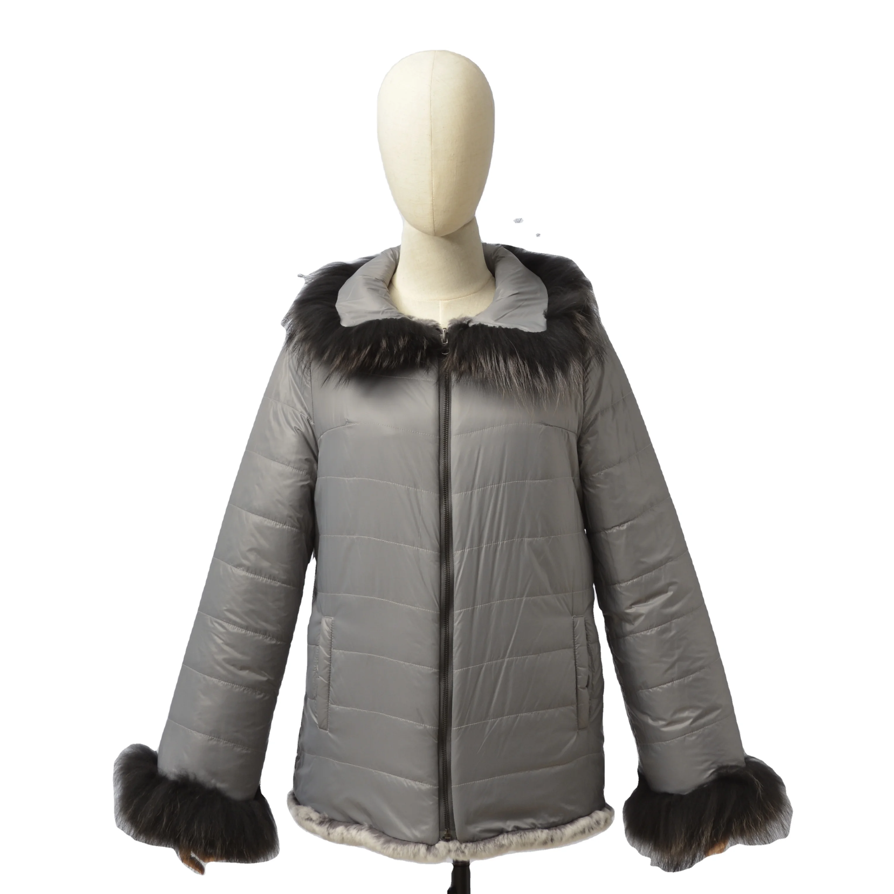 
Ladies Plus Size Real Rex Fur Coats Fox Fur Collar Winter Quilted Jackets for Girls Hot Sale Women OEM Clothing 