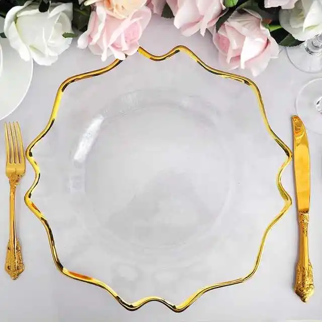 YC-PL10 Reusable 13 Inch Gold Rim flower Shape chargers plate dish plate Clear Wedding Antique Decorative plate