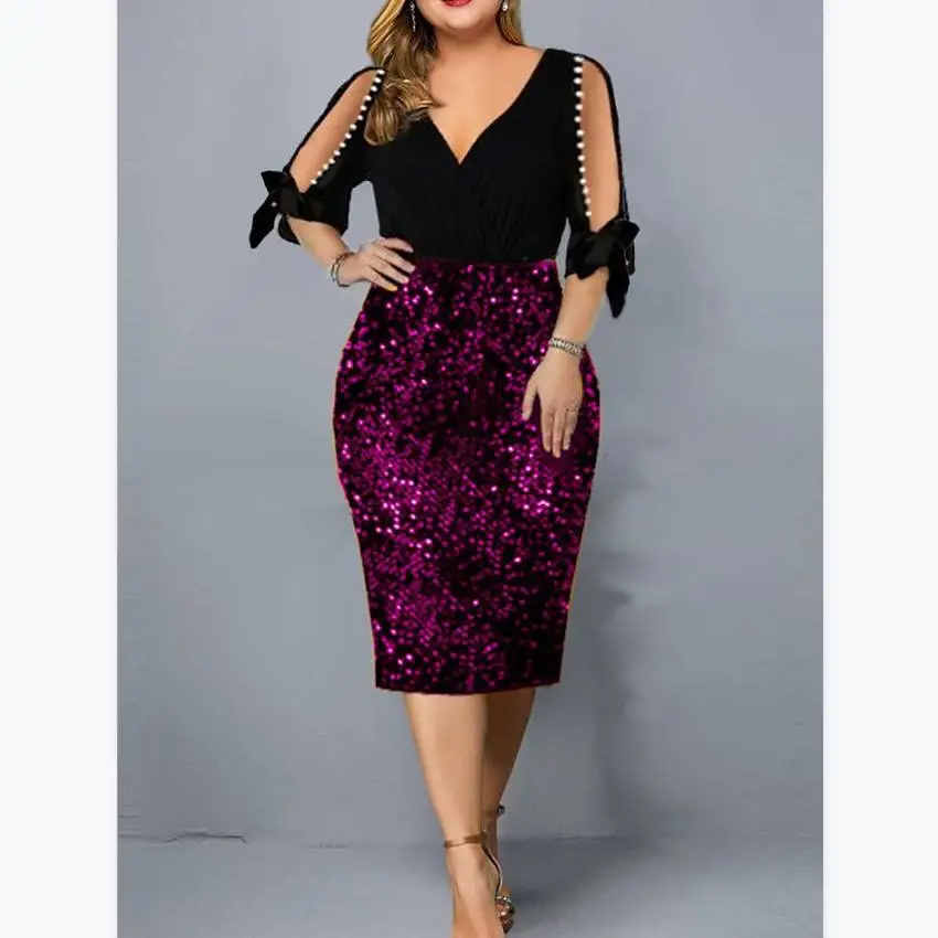 New Fashion Europe And American V-neck Personality Sequin Design Sexy Bodycon Party Dress Women Half Sleeve Plus Size Dresses