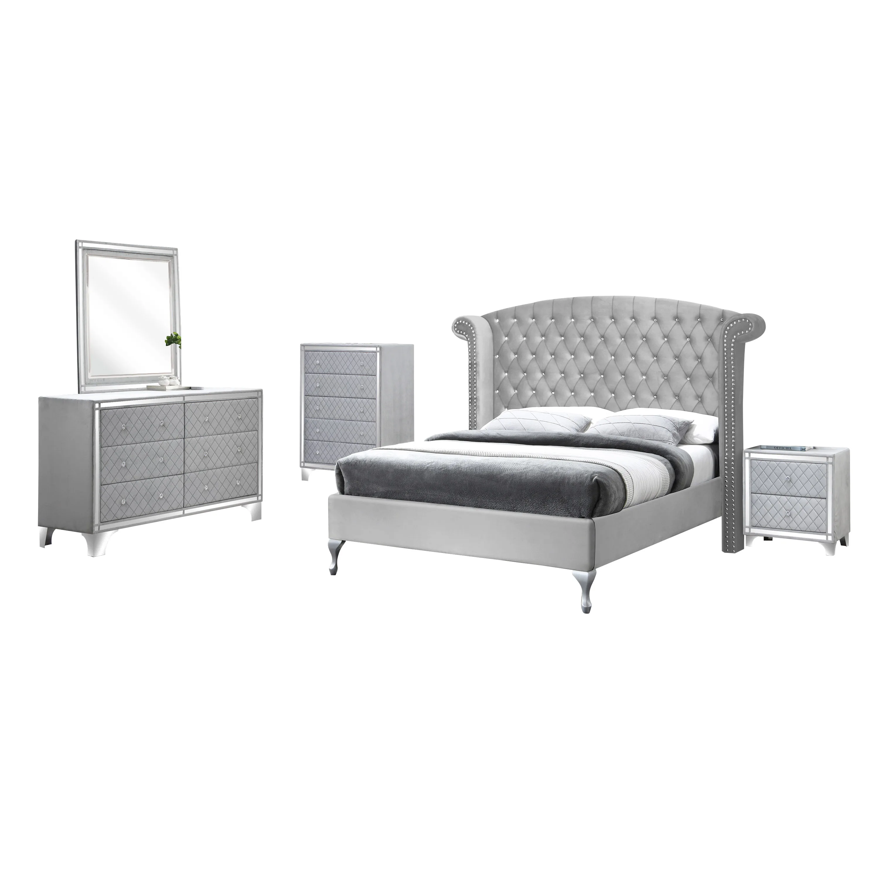 New Cleopatra 5 Pcs Upholstered Bedroom Set Full Velvet Grey Complete With Bed/ Dresser/ Chest Of Drawer/ Night Stand And Mirror