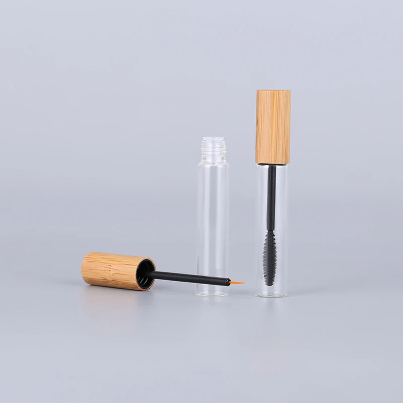 Wholesale Empty Eco Friendly 5ml 10ml Cosmetic Bamboo Wooden Lip Gloss Glass Mascara Tubes With Eyelash Brush