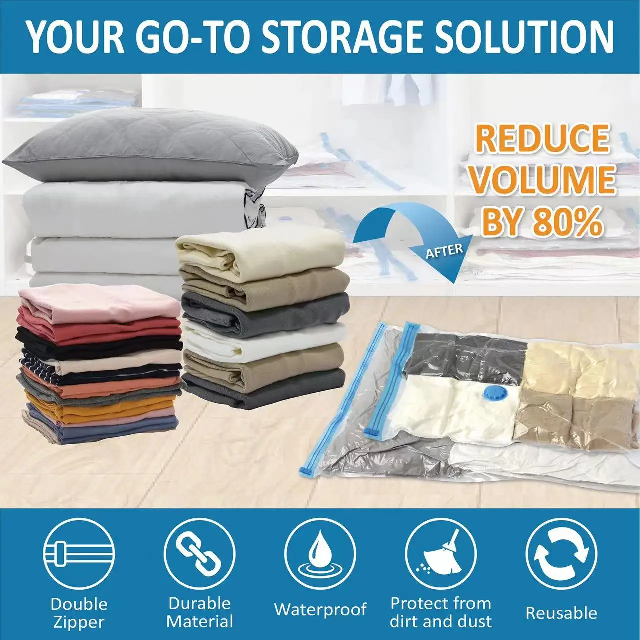Amazon Wholesale Stock PE PA 80 Micron Durable and Reusable Sets Wholesale Vacuum Sealer Compressed Bag for Clothes Storage