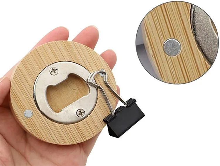 Promotional fridge magnet beer opener blank round shape wooden bottle opener for home decoration