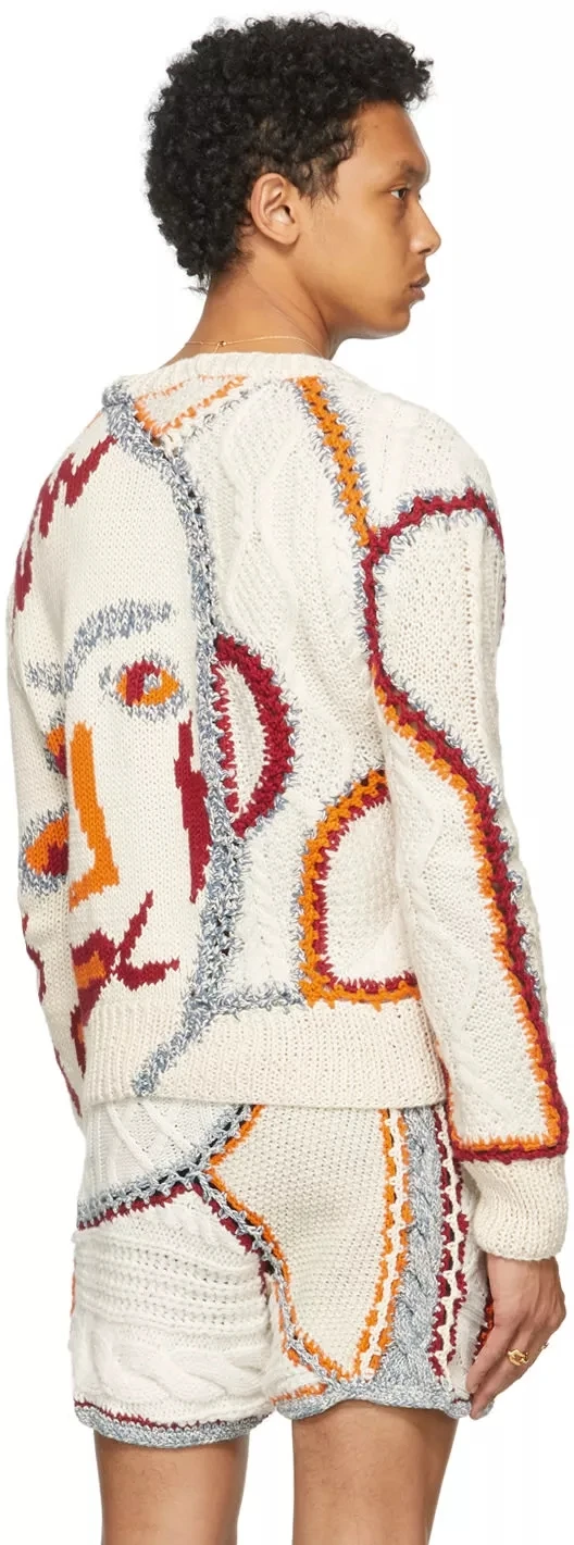 YF  Custom V Neck Abstract Knitted Fashion Button Up Loose Long Sleeve Jacquard Cardigan  Beige Sweater Pattern Cardigan Men