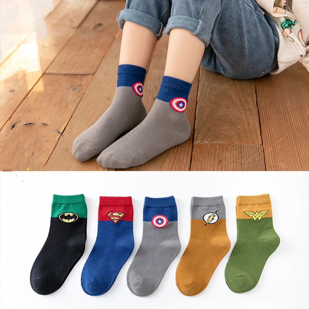 Wholesale Custom Design  Jacquard Cute Super Hero Design Cotton Boys Girls Cartoon Socks Kids Ankle Socks