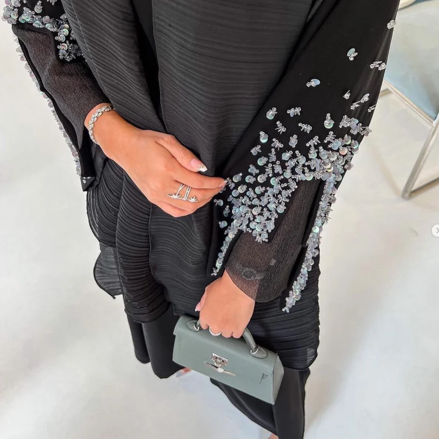 Custom 100% natural Jersey Fabric Black Eid Beads Sequins Embroidery Muslim Abaya Jalabiya For Women