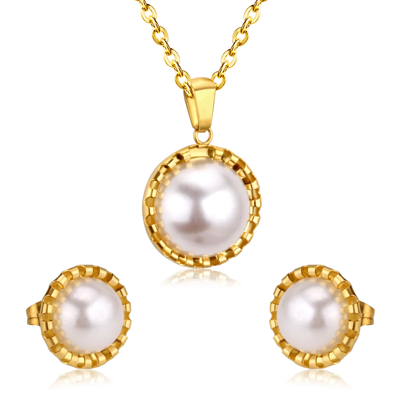 New Arrivals Gold Plated Women Circle Necklace Earrings Sets Elegant Stainless Steel Pearl Jewelry Sets