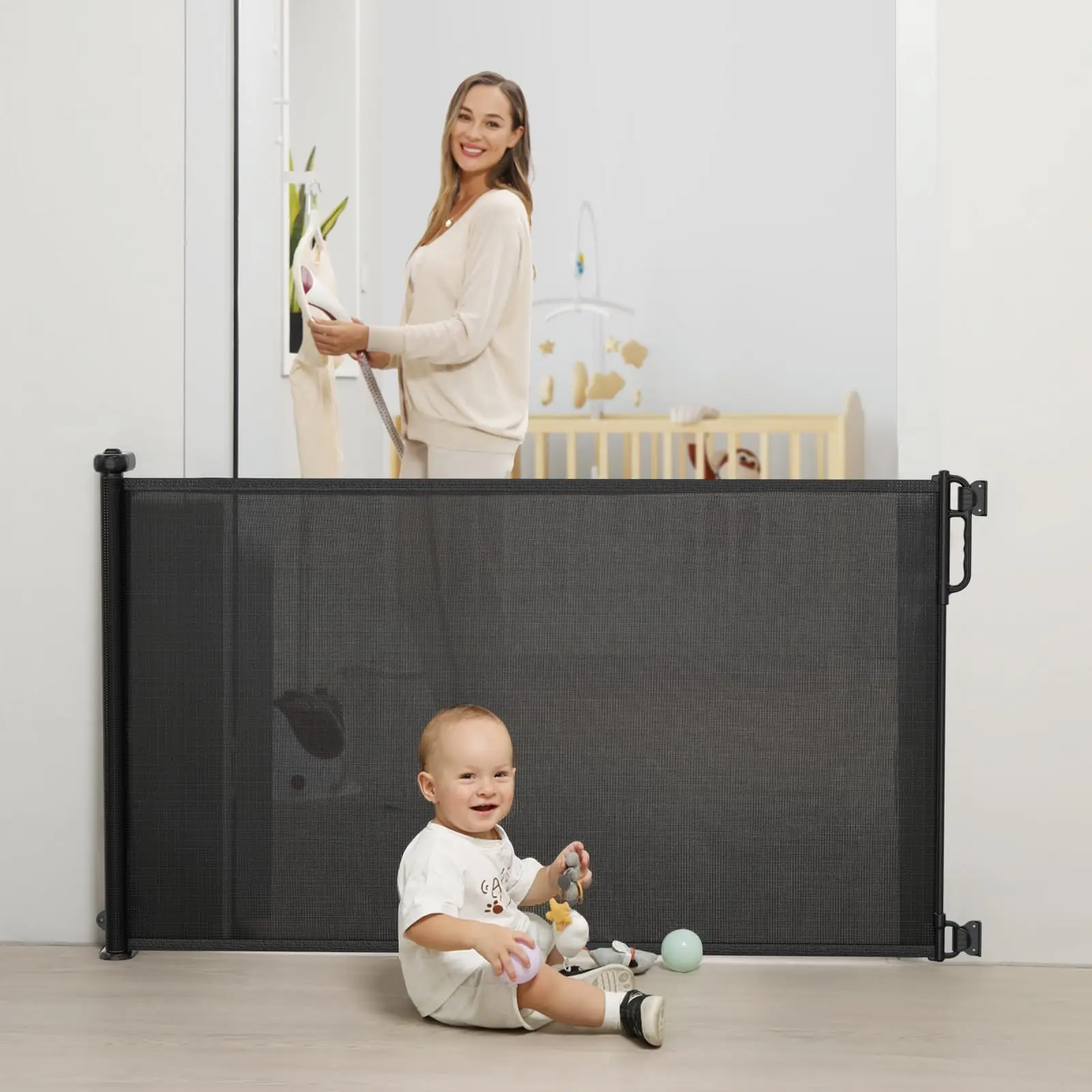 Child Safety Door Mesh Retractable Corner Stair Gate For Awkward Stairs Baby Safety Hot Selling Portable Folding