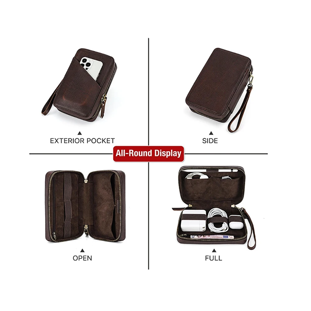 Custom Large Capacity Real Leather Electronic Accessories Travel Organizer Storage Bags  with Zipper for Cables SD Cards