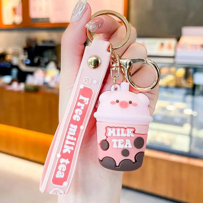 Cartoon 3D Pig Milk Tea Mobile Phone Straps Hand Bag Pendant KeyRing Kawaii Boba Tea Cup Key Chain New Boba Bear Rubber Keychain