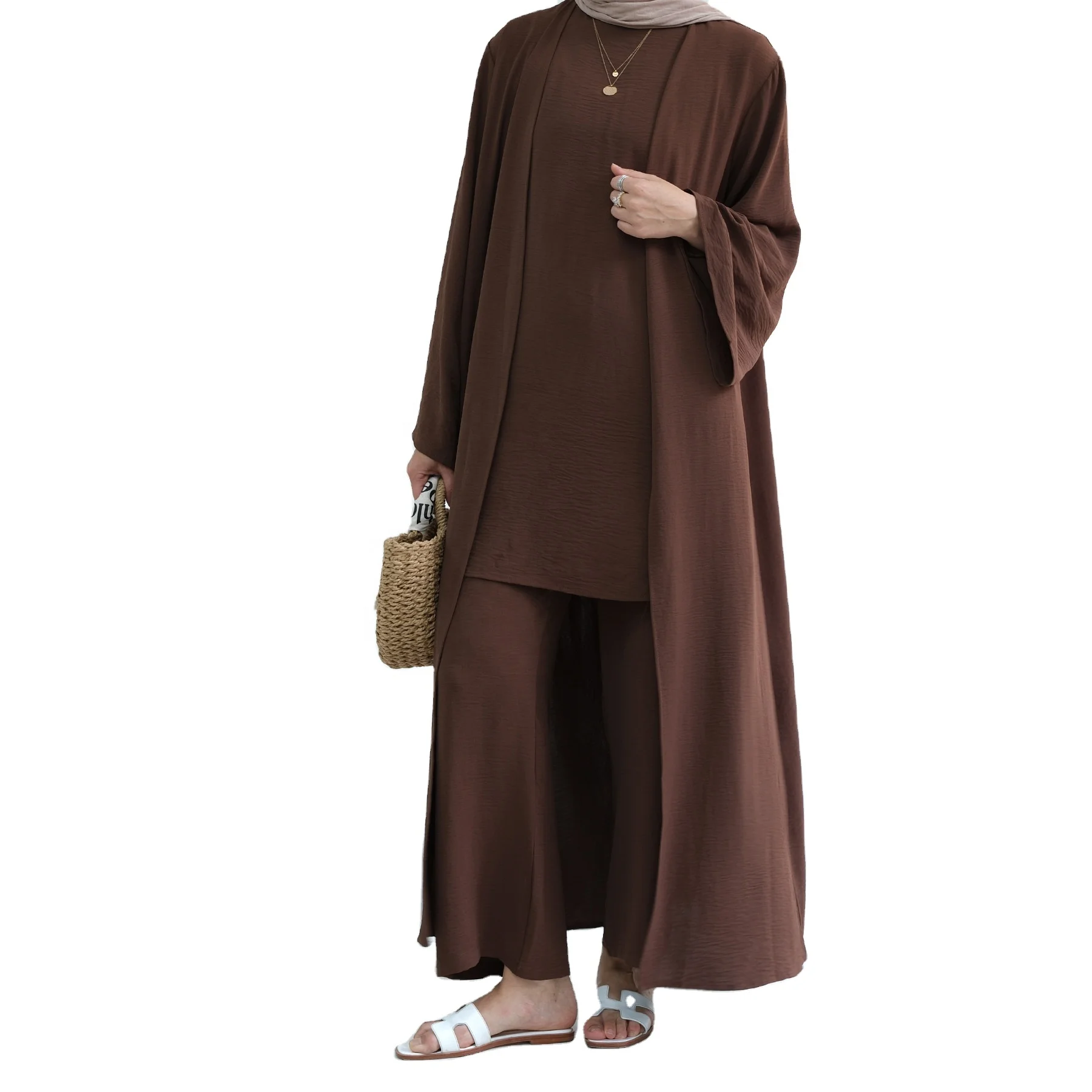 Turkey Elegant Lady Fashion Dress Kaftan Pants Set Three Pieces Clothes Long Sleeve Solid Color Crepe Fabric Suit For Women L297
