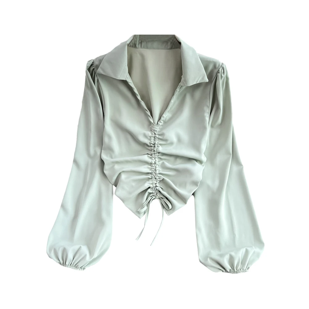 Wholesale 2022 Summer New Hot Girl Style Pure Desire Temperament V-neck Pullover Pleated Drawstring Long-sleeved Shirt