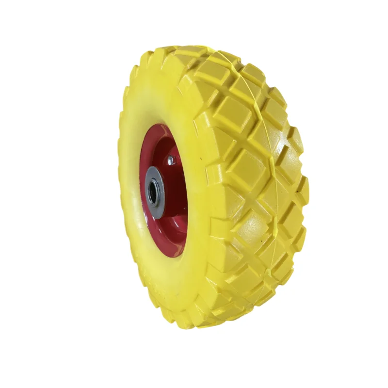 Yellow Color PU1021 3.50-4 steel rim flat free wheelbarrow pu wheel