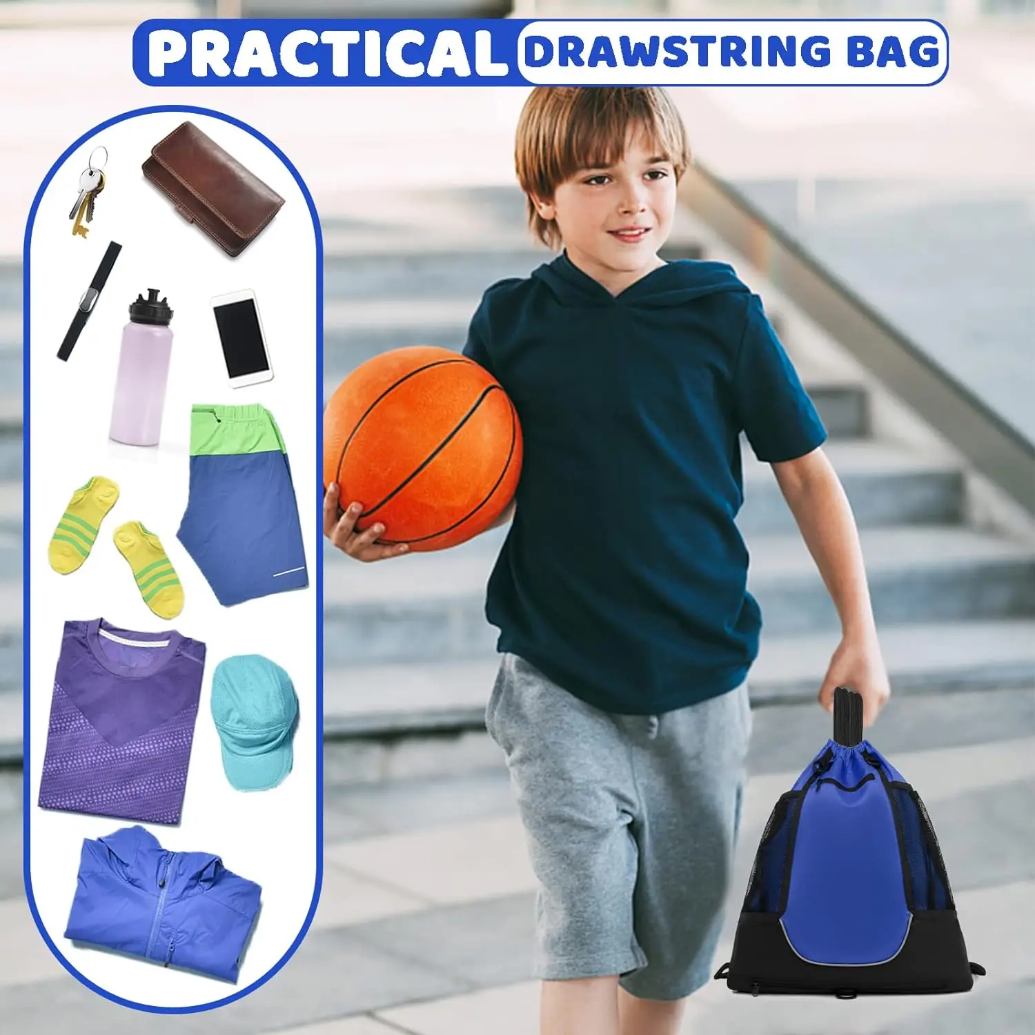 Drawstring Basketball Backpack for Boys Foldable Soccer Backpack Gym Bag Sack pack Sports Sack with Detachable Ball Mesh Bag