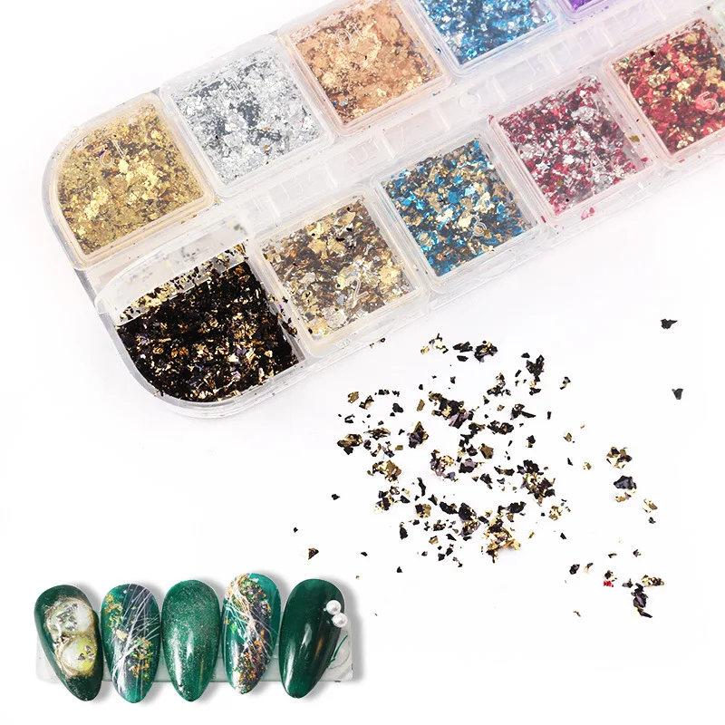 12 Grids Holographic Aluminum Nail Foil Flakes Stickers Nail Sequins 3d Glitter Decoration Foil Nail Art